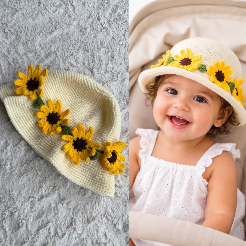 Crochet‎ Sunflower Bucket Hat Baby Toddler Sun Floral Knit Yellow Brim